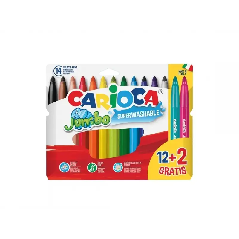 Carioca Jumbo Pack de 12 Rotuladores + 2 Gratis - Punta 6mm - Superlavables - Colores Surtidos | Ahorro Imprimiendo