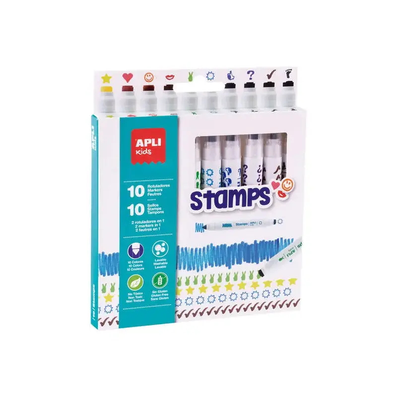 Apli Kids Stamps Pack de 10 Rotuladores con Doble Punta Sello y Rotulador - 10 Colores/Sellos Diferentes - Puntas Bloqueadas de