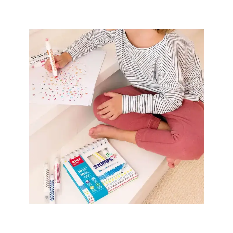 Apli Kids Stamps Pack de 10 Rotuladores con Doble Punta Sello y Rotulador - 10 Colores/Sellos Diferentes - Puntas Bloqueadas de