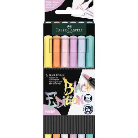 Faber-Castell Black Edition Pack de 6 Rotuladores Punta Pincel - Tinta a Base de Colorantes Alimentarios - Colores Pastel Surtid