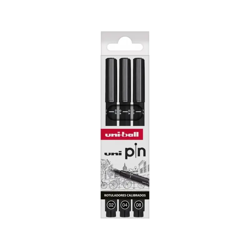 Uni-ball Uni Pin Pack de 3 Rotuladores Calibrados 0.2, 0.4, 0.8 - Punta Poliacetal - Tinta Pigmentada Resistente al Agua y Luz -