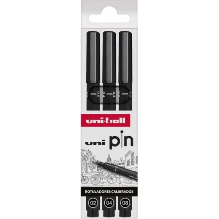 Uni-ball Uni Pin Pack de 3 Rotuladores Calibrados 0.2, 0.4, 0.8 - Punta Poliacetal - Tinta Pigmentada Resistente al Agua y Luz -