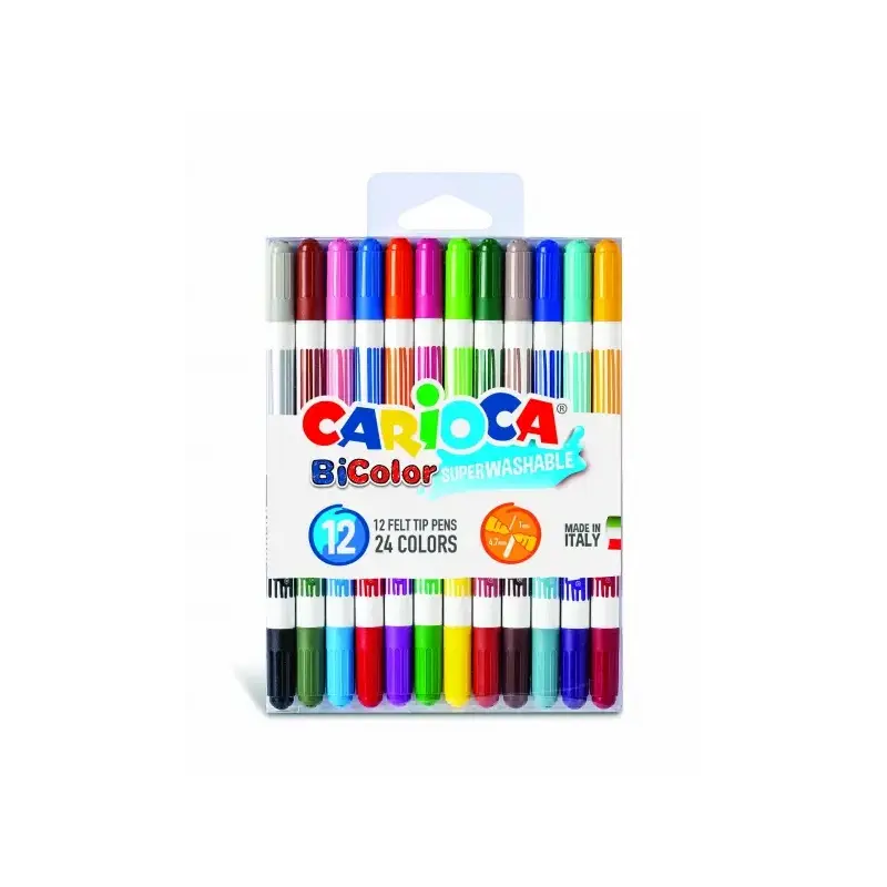 Carioca Bicolor Pack de 12 Rotuladores - Dos Colores por Rotulador - Tinta Superlavable - Punta Conica para Doble Trato de Escri
