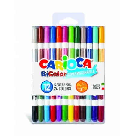 Carioca Bicolor Pack de 12 Rotuladores - Dos Colores por Rotulador - Tinta Superlavable - Punta Conica para Doble Trato de Escri