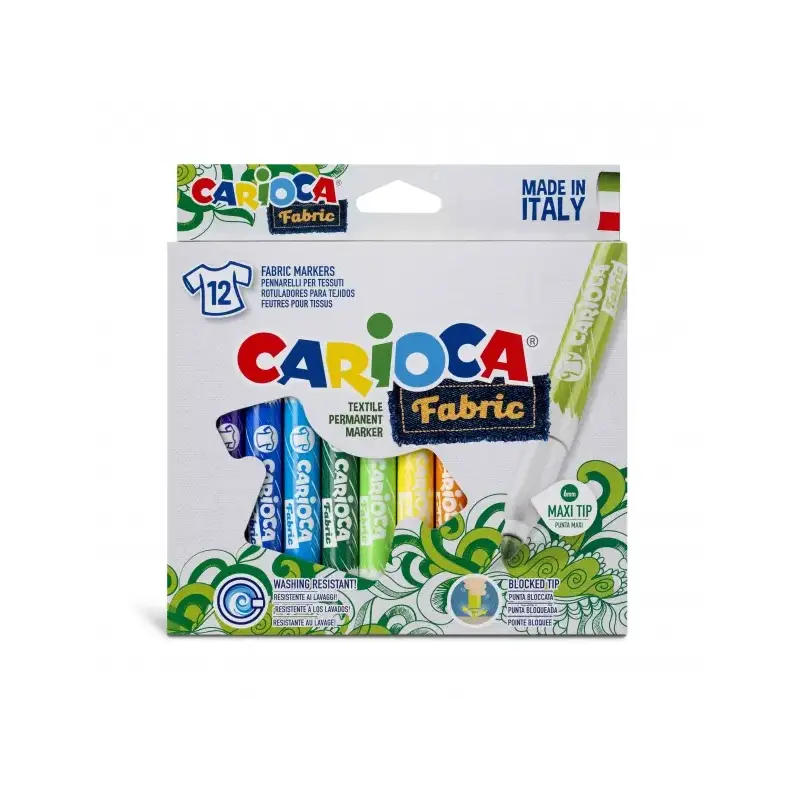 Carioca Fabric Pack de 12 Rotuladores para Tejidos - Punta Maxi Ø 6mm - Tinta Especial para Tejidos - Colores Indelebles - Planc
