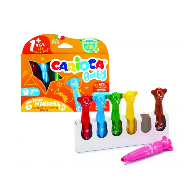 Carioca Baby Teddy Pack de 6 Rotuladores - Super Seguros - Forma Ergonomica - Tinta Superlavable - Dermatologicamente Testado -