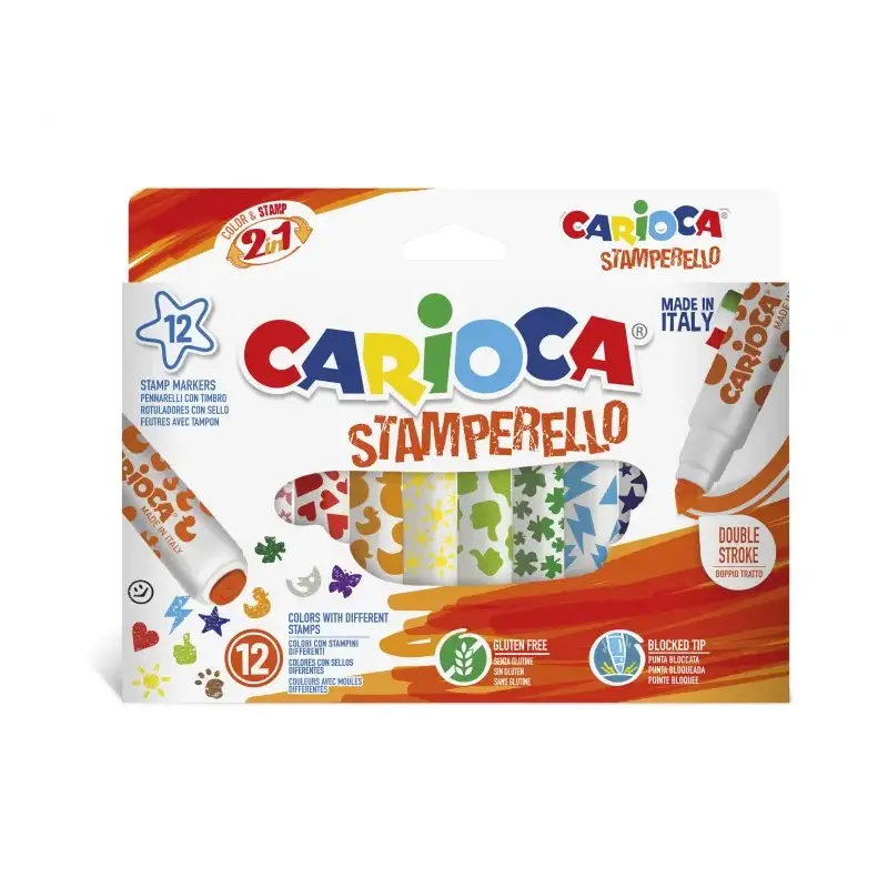 Carioca Stamperello Pack de 12 Rotuladores de Doble Punta - Punta Conica - Punta con Sellos - Tinta Lavable - Color Varios | Aho