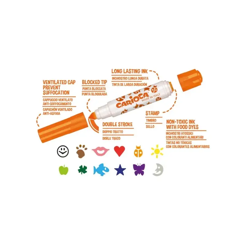 Carioca Stamperello Pack de 12 Rotuladores de Doble Punta - Punta Conica - Punta con Sellos - Tinta Lavable - Color Varios | Aho