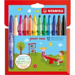 Stabilo Power Max Pack de 12 Rotuladores de Punta Gruesa - Trazo 3mm - Tinta Lavable - No se Seca - Colores Surtidos | Ahorro Im
