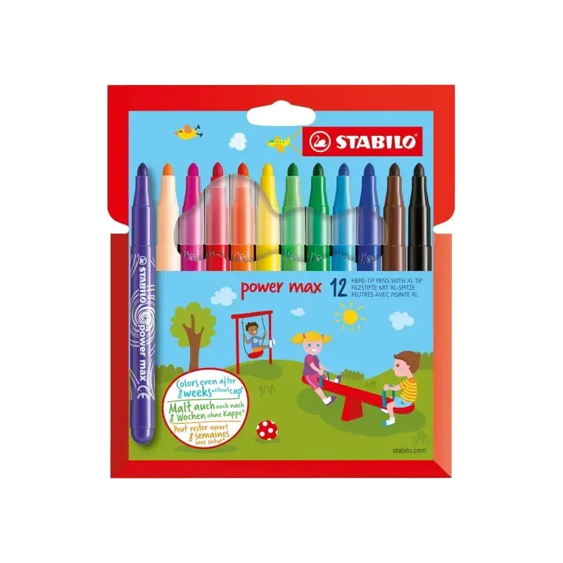 Stabilo Power Max Pack de 12 Rotuladores de Punta Gruesa - Trazo 3mm - Tinta Lavable - No se Seca - Colores Surtidos | Ahorro Im