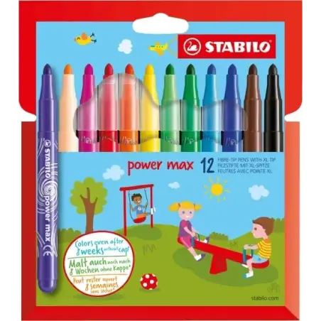 Stabilo Power Max Pack de 12 Rotuladores de Punta Gruesa - Trazo 3mm - Tinta Lavable - No se Seca - Colores Surtidos | Ahorro Im