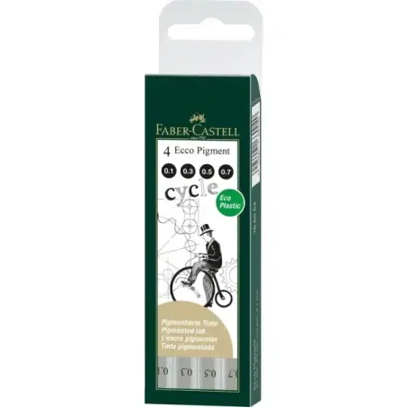 Faber-Castell Ecco Pigment Pack de 4 Rotuladores Calibrados 0.1, 0.3, 0.5, 0.7mm - Punta Engastada en Metal - Tinta Pigmentada R