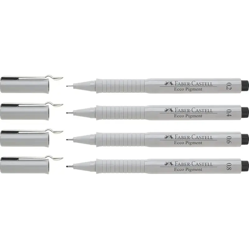 Faber-Castell Ecco Pigment Pack de 4 Rotuladores Calibrados 0.2, 0.4, 0.6, 0.8mm - Punta Engastada en Metal - Tinta Pigmentada R