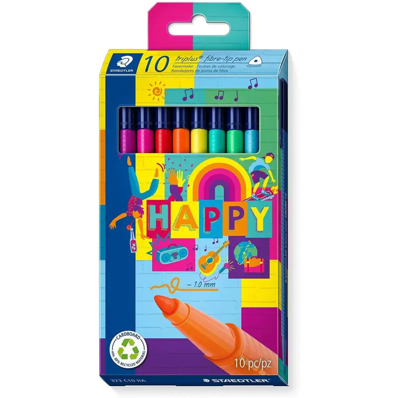 Staedtler Triplus Color 323 Pack de 10 Rotuladores de Punta Fina - Trazo 1mm Aprox - Tinta Base de Agua - Colores Surtidos | Aho