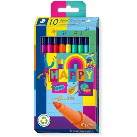 Staedtler Triplus Color 323 Pack de 10 Rotuladores de Punta Fina - Trazo 1mm Aprox - Tinta Base de Agua - Colores Surtidos | Aho