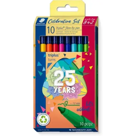 Staedtler Triplus Color 323 Pack de 10 Rotuladores - Trazo 1mm Aprox - Tinta Antisecado - Capuchon Ventilado - Colores Surtidos