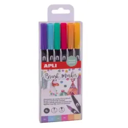 Apli Brush Marker Pack de 6 Rotuladores Acuarelables de Doble Punta - Punta Pincel de 1-4mm y Punta Redonda de 1mm - Tinta Base