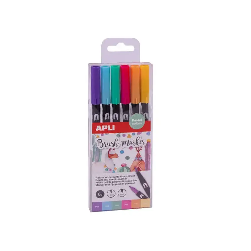 Apli Brush Marker Pack de 6 Rotuladores Acuarelables de Doble Punta - Punta Pincel de 1-4mm y Punta Redonda de 1mm - Tinta Base