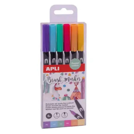 Apli Brush Marker Pack de 6 Rotuladores Acuarelables de Doble Punta - Punta Pincel de 1-4mm y Punta Redonda de 1mm - Tinta Base
