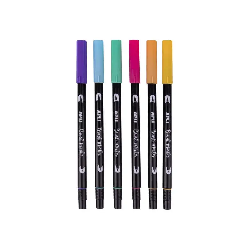 Apli Brush Marker Pack de 6 Rotuladores Acuarelables de Doble Punta - Punta Pincel de 1-4mm y Punta Redonda de 1mm - Tinta Base