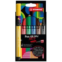 Stabilo Pen 68 MAX Arty Pack de 6 Rotuladores - Punta de Fibra Biselada - Trazo entre 1-5mm aprox. - Tinta a Base de Agua - Colo