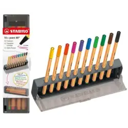 Stabilo Point 88 Set de Mesa con 10 Rotuladores de Punta de Fibra - Trazo de 0.4mm aprox. - Tinta con Base de Agua - Colores Sur