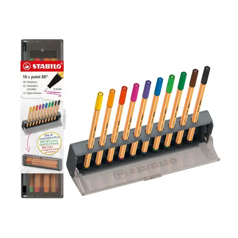 Stabilo Point 88 Set de Mesa con 10 Rotuladores de Punta de Fibra - Trazo de 0.4mm aprox. - Tinta con Base de Agua - Colores Sur