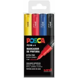 Posca PC1M Pack de 4 Marcadores de Pintura - Punta Conica 0.7mm - Tinta Base al Agua - No Permanente - Resistente a la Luz - Col