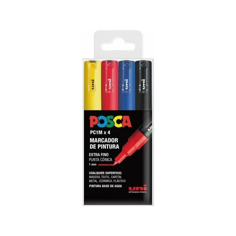 Posca PC1M Pack de 4 Marcadores de Pintura - Punta Conica 0.7mm - Tinta Base al Agua - No Permanente - Resistente a la Luz - Col