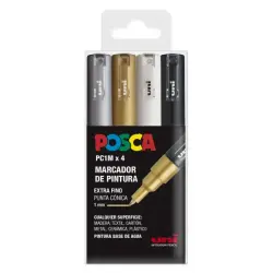 Posca PC1M Pack de 4 Marcadores de Pintura - Punta Conica de 0.7mm - Tinta Base al Agua - No Permanente - Resistente a la Luz -