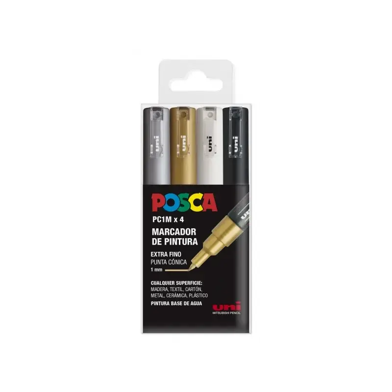 Posca PC1M Pack de 4 Marcadores de Pintura - Punta Conica de 0.7mm - Tinta Base al Agua - No Permanente - Resistente a la Luz -