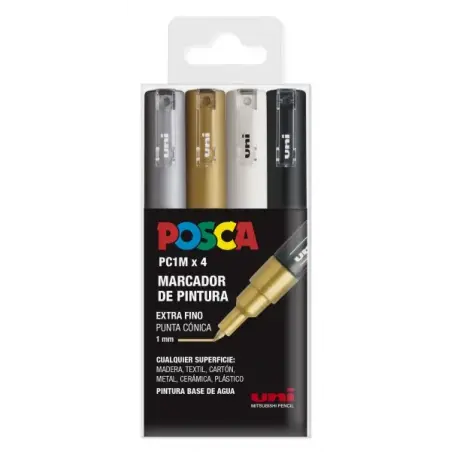 Posca PC1M Pack de 4 Marcadores de Pintura - Punta Conica de 0.7mm - Tinta Base al Agua - No Permanente - Resistente a la Luz -