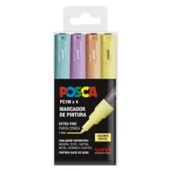 Posca PC1M Pack de 4 Marcadores de Pintura - Punta Conica 0.7mm - Tinta Base al Agua - No Permanente - Resistente a la Luz - Col