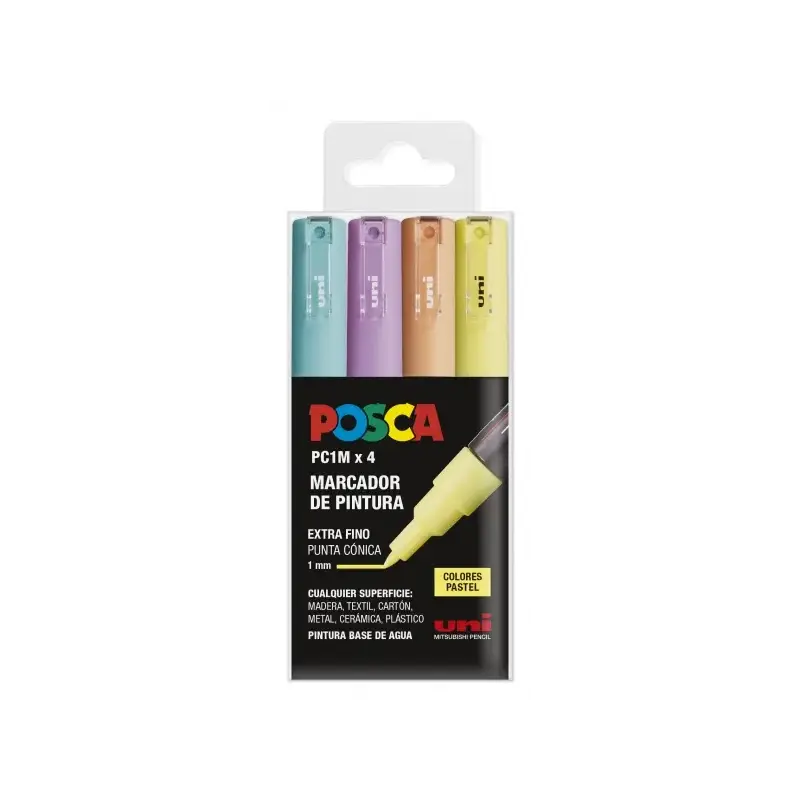 Posca PC1M Pack de 4 Marcadores de Pintura - Punta Conica 0.7mm - Tinta Base al Agua - No Permanente - Resistente a la Luz - Col