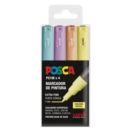 Posca PC1M Pack de 4 Marcadores de Pintura - Punta Conica 0.7mm - Tinta Base al Agua - No Permanente - Resistente a la Luz - Col
