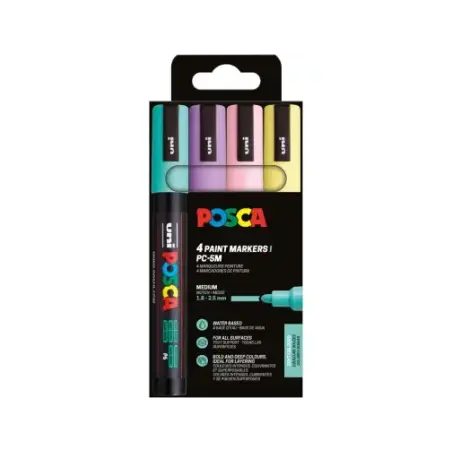 Posca PC3M Pack de 4 Marcadores de Pintura - Punta Conica 0.9-1.3mm - Tinta Base al Agua - Resistente a la Luz - No Permanente -