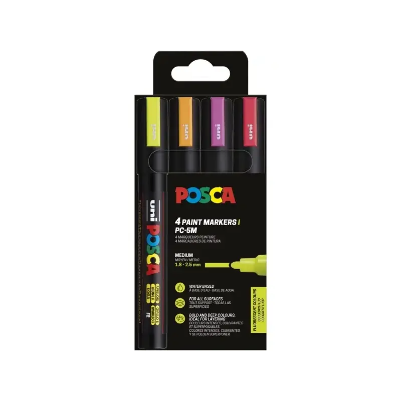 Posca PC-5M Pack de 4 Marcadores de Pintura - Punta de Bala 1.8-2.5mm - Tinta Base al Agua - No Permanente - Resistente a la Luz