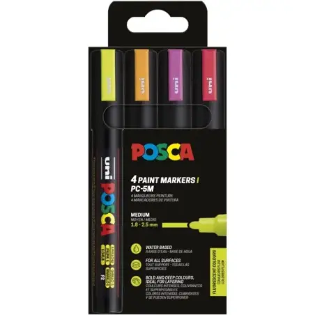 Posca PC-5M Pack de 4 Marcadores de Pintura - Punta de Bala 1.8-2.5mm - Tinta Base al Agua - No Permanente - Resistente a la Luz