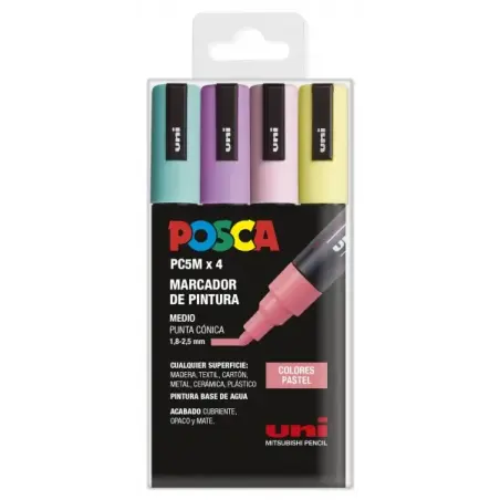 Posca PC-5M Pack de 4 Marcadores de Pintura - Punta de Bala 1.8-2.5mm - Tinta Base al Agua - No Permanente - Resistente a la Luz