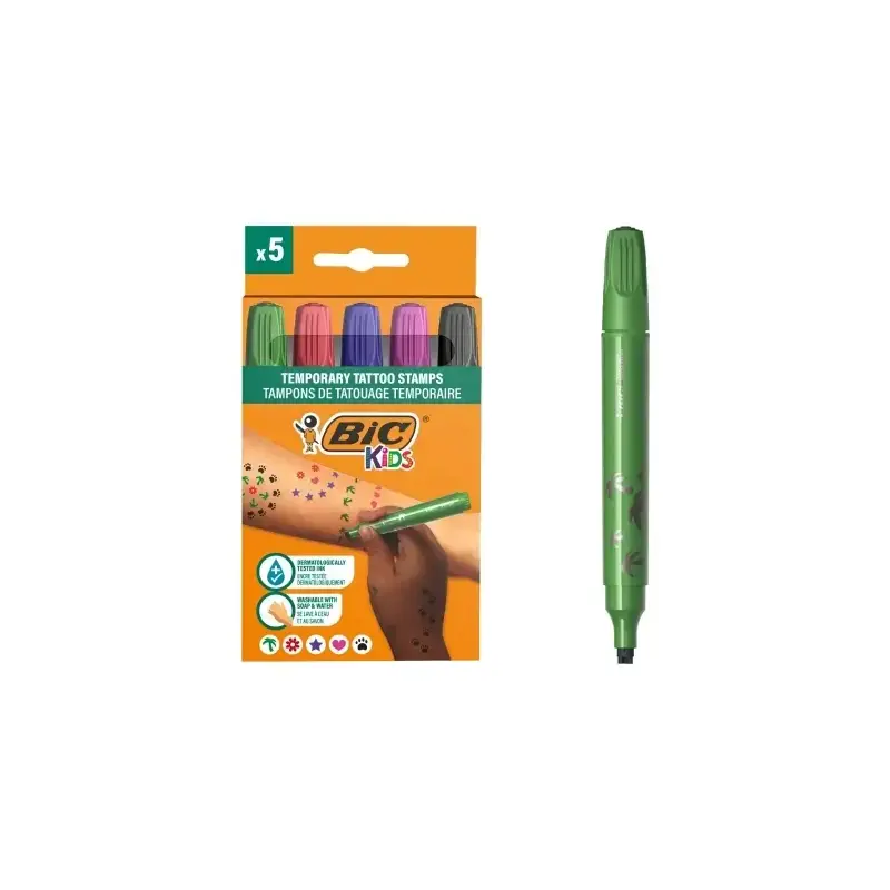 Bic Kids Pack de 5 Rotuladores de Sellos para Tatuajes Temporales - Tinta Dermatologicamente Testada y Sin Perfume - Colores Sur