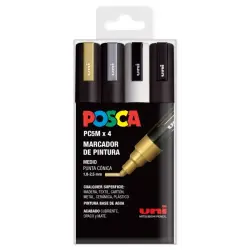 Posca PC-5M Pack de 4 Marcadores de Pintura - Punta de Bala 1.8-2.5mm - Tinta Base al Agua - No Permanente - Resistente a la Luz