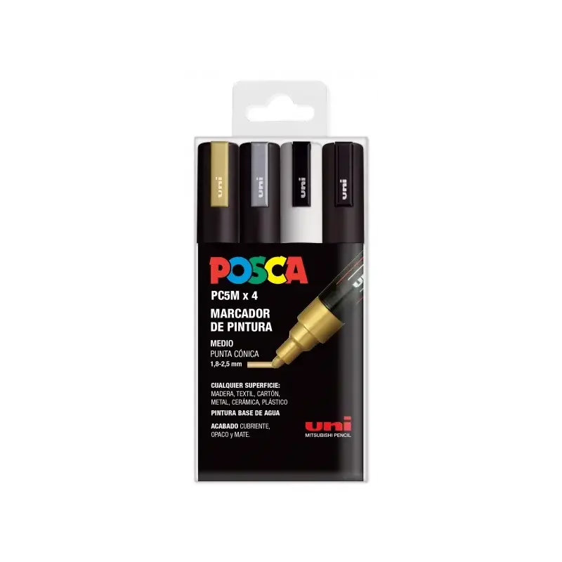 Posca PC-5M Pack de 4 Marcadores de Pintura - Punta de Bala 1.8-2.5mm - Tinta Base al Agua - No Permanente - Resistente a la Luz