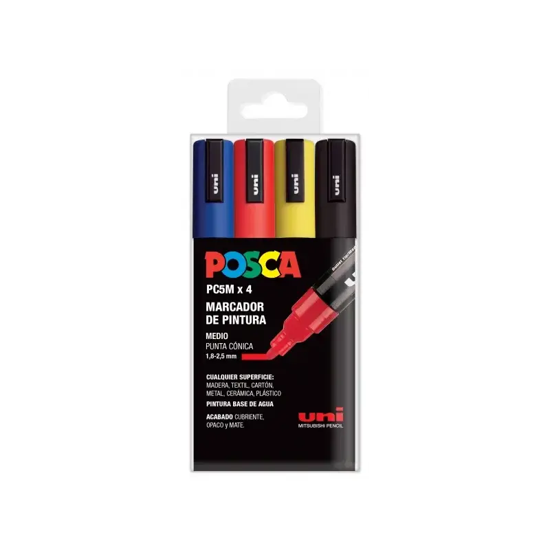 Posca PC-5M Pack de 4 Marcadores de Pintura - Punta de Bala 1.8-2.5mm - Tinta Base al Agua - No Permanente - Resistente a la Luz