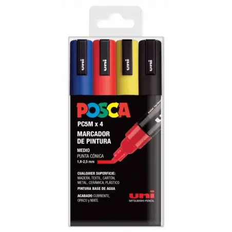 Posca PC-5M Pack de 4 Marcadores de Pintura - Punta de Bala 1.8-2.5mm - Tinta Base al Agua - No Permanente - Resistente a la Luz