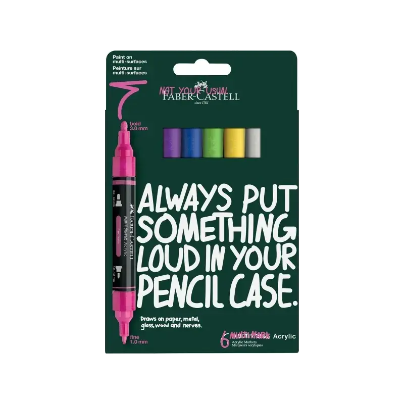 Faber-Castell Multimark Acrylic Pack con 6 Rotuladores Acrilicos Doble Punta - Puntas Redondas de 1mm y 3mm - Tinta Acrilica a B