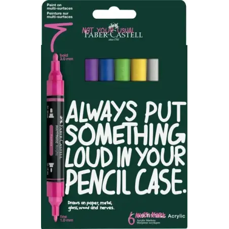Faber-Castell Multimark Acrylic Pack con 6 Rotuladores Acrilicos Doble Punta - Puntas Redondas de 1mm y 3mm - Tinta Acrilica a B