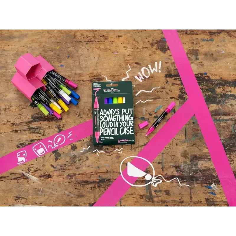 Faber-Castell Multimark Acrylic Pack con 6 Rotuladores Acrilicos Doble Punta - Puntas Redondas de 1mm y 3mm - Tinta Acrilica a B