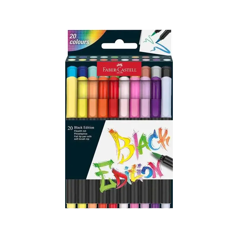 Faber-Castell Black Edition Pack de 20 Rotuladores Punta Pincel - Tinta a Base de Colorantes Alimentarios - Colores Surtidos | A