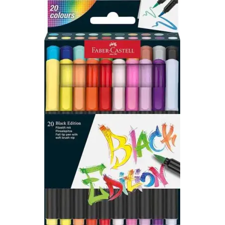 Faber-Castell Black Edition Pack de 20 Rotuladores Punta Pincel - Tinta a Base de Colorantes Alimentarios - Colores Surtidos | A