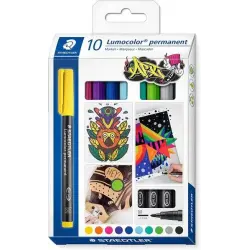 Staedtler Lumocolor 317 Pack de 10 Rotuladores Permanentes - Punta Media Redonda - Trazo 1mm Aprox - Capuchon con Clip - Secado